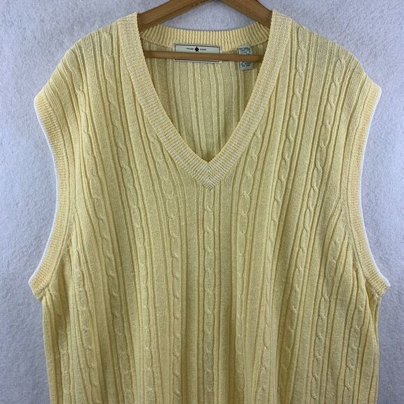 VTG John Ashford Men Linen Cotton Cable Knit Sweater Vest Sz L Butter Yellow - Picture 2 of 10